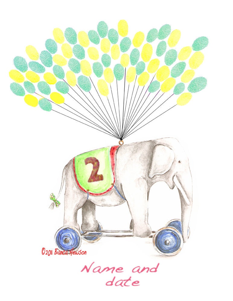Small Fingerprint Guest book, Elephant  with balloons 2 colors, Custom Hand Painted