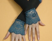 Elegant Armwarmers in Black and Sea Green with Stretchy Lace, Evening Gloves for Special Occasion, Fingerless, Retro, 20's Style, Victorian
