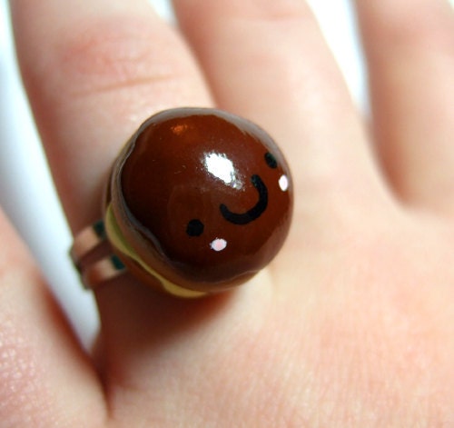 Kawaii Happy Boston Creme Donut Adjustable Ring - Polymer Clay Miniature Food Jewelry - Handmade by The Happy Acorn