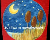 Cattails in the Moonlight Wood Painting