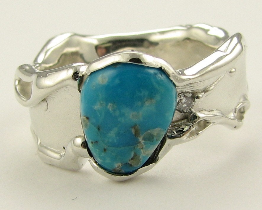 Melted Silver Band, Turquoise and Diamond