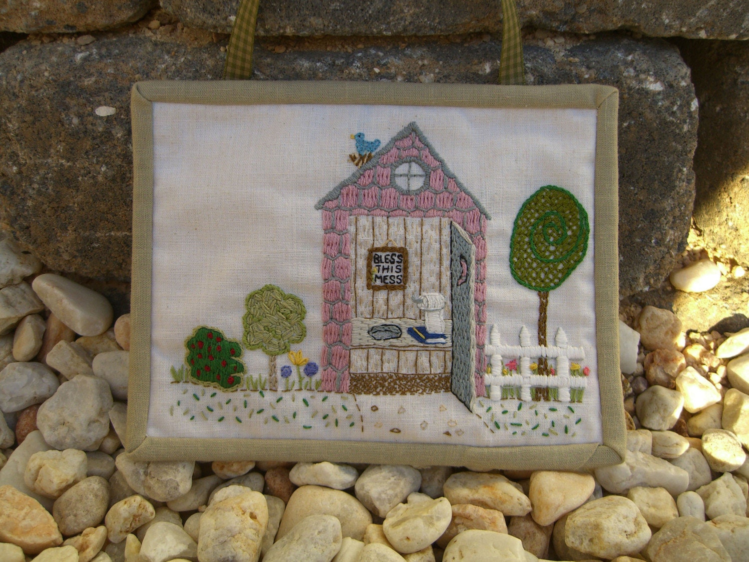 Bless This Mess, outhouse hand embroidery pattern, toilet, needlework