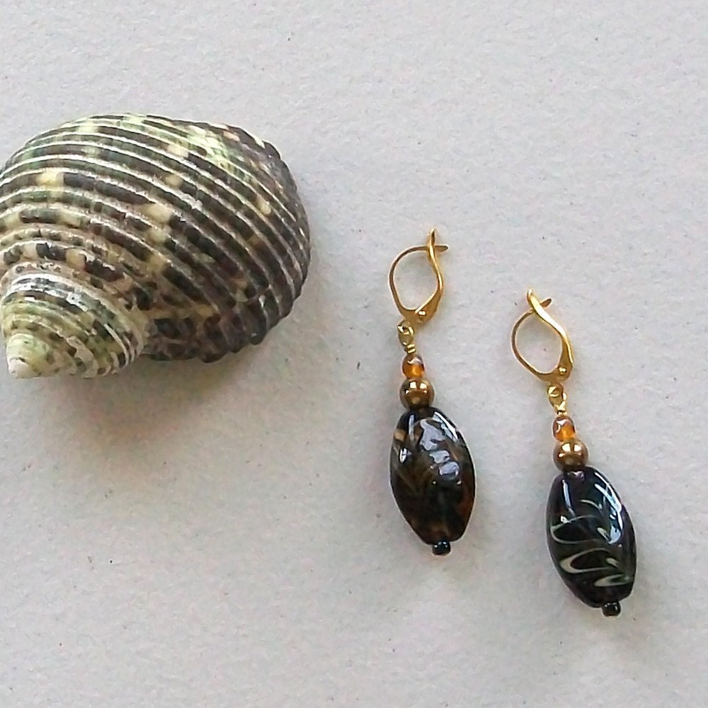 Black and Topaz Ceramic Earrings black, gold, topaz