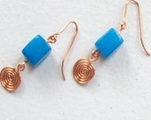 Blue Glass Cube Copper Spiral Earrings, casual, dressy professional woman plus sized