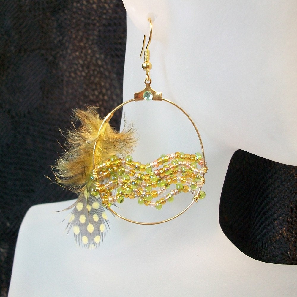 Feather Hoop Earrings Gold and Green Beaded fashion jewelry
