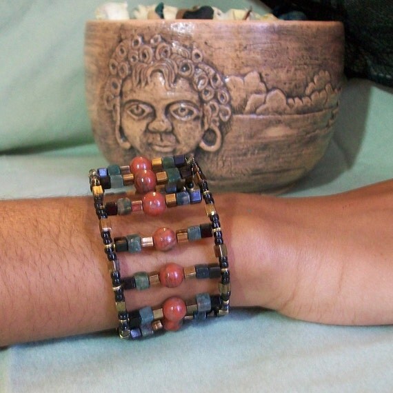 Memory Wire Cuff Bracelet Rust Green fashion jewelry plus sized