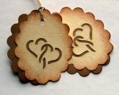 Rustic wedding favor tag, vintage hearts coffee stained, kraft set of 12