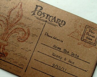 custom French wedding save the date postcard, Fleur De Lis Hand Typed, vintage inspired, set 10