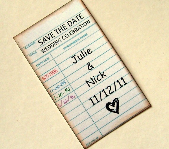 Library card Save The Date, vintage rustic, custom, set 12