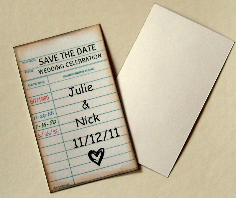 Library card Save The Date, vintage rustic, custom, set 12