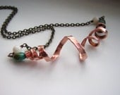 Abstract Copper Coil Necklace with Turquoise and Shell Beading Brass Chain