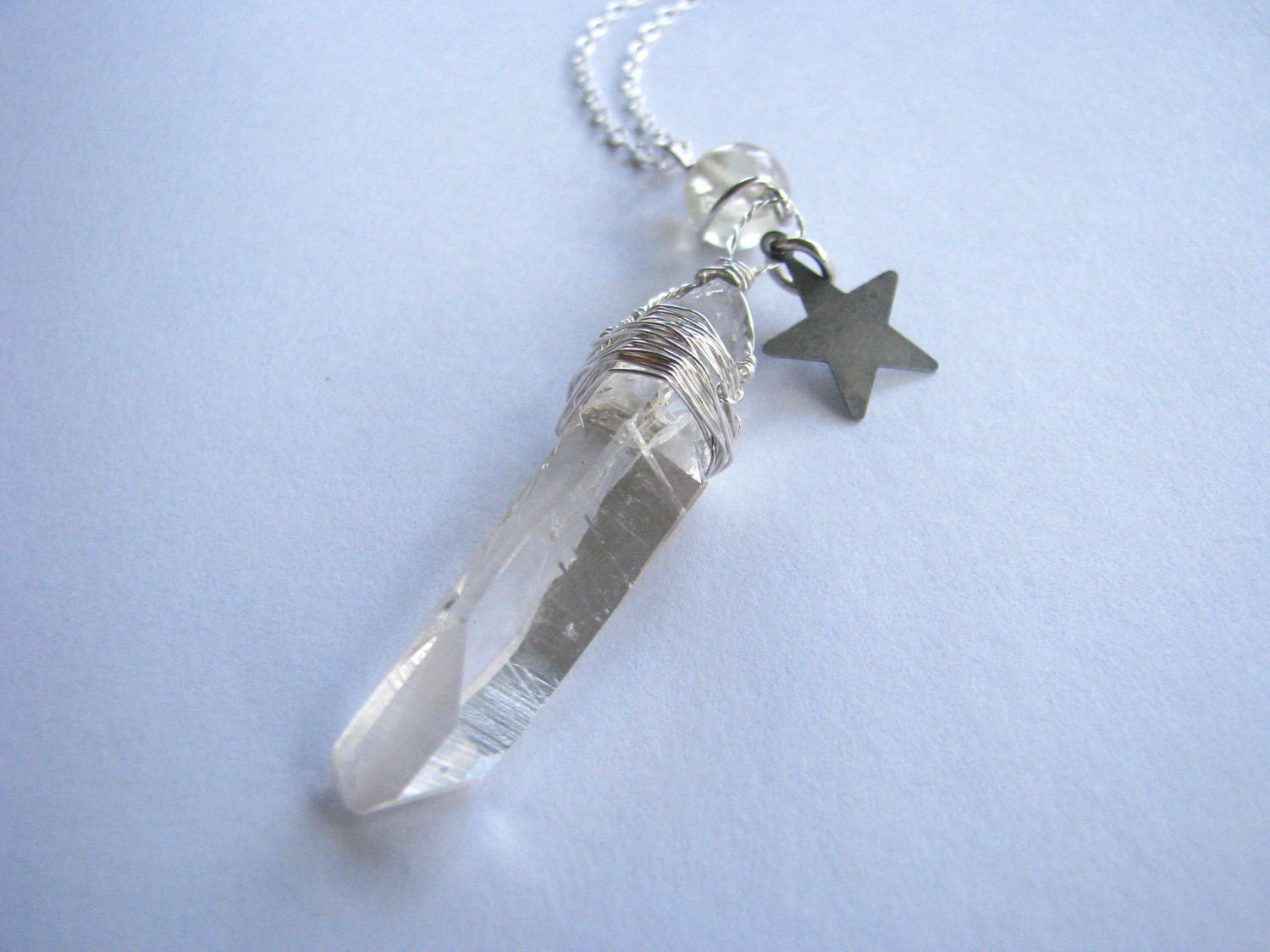 Quartz Crystal Point Necklace with Star, Fluorite, Wire Wrapped in Silver