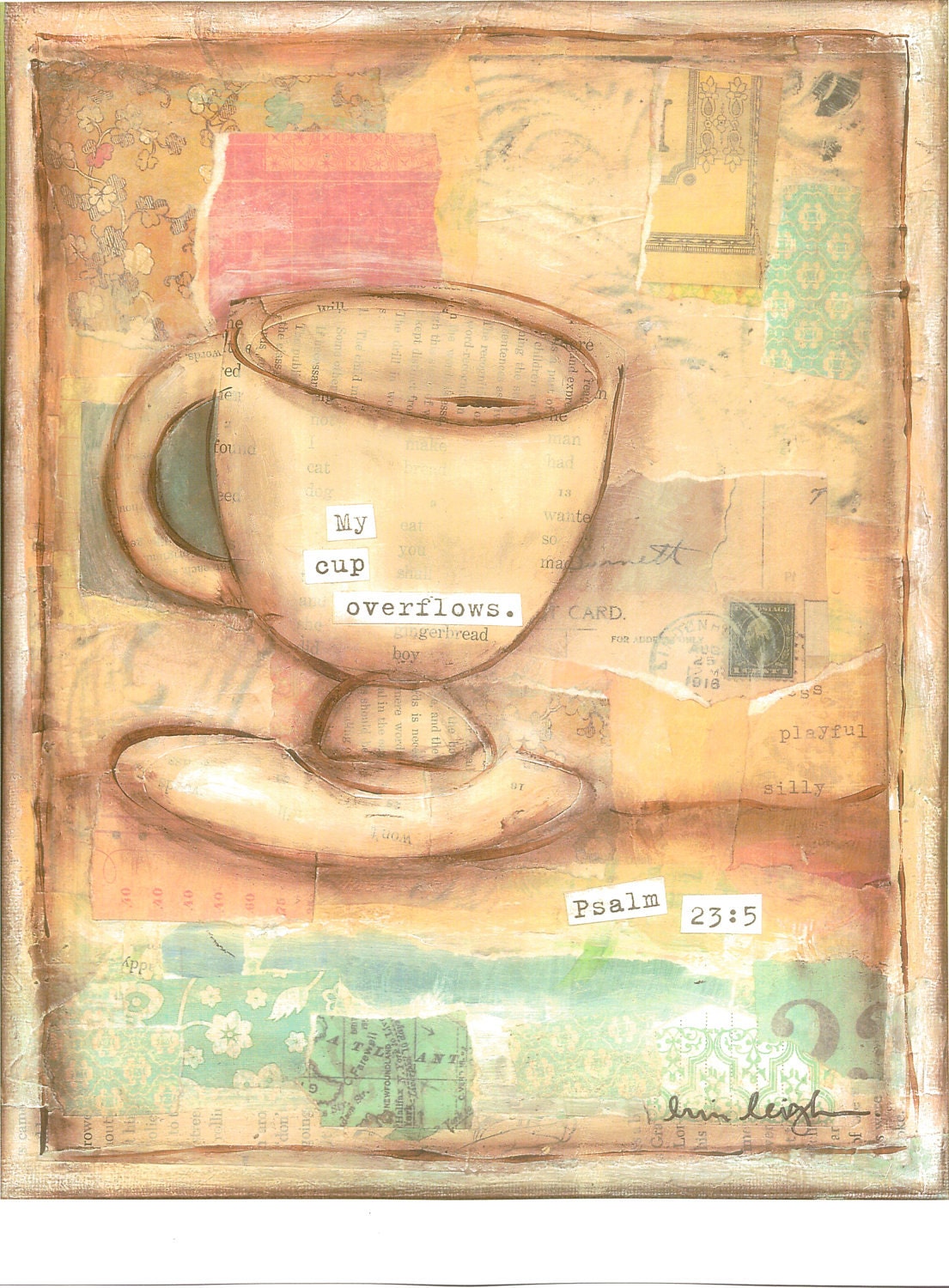 Scripture Art, My Cup Overflows (Psalm 23:5), 11 x 14 Original Mixed Media Collage on Canvas
