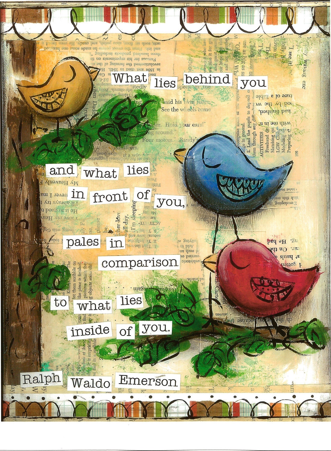 Inspirational Art, What Lies Inside of You Birds in primary colors, Ralph Waldo Emerson, 8 x 10 Fine Art Print