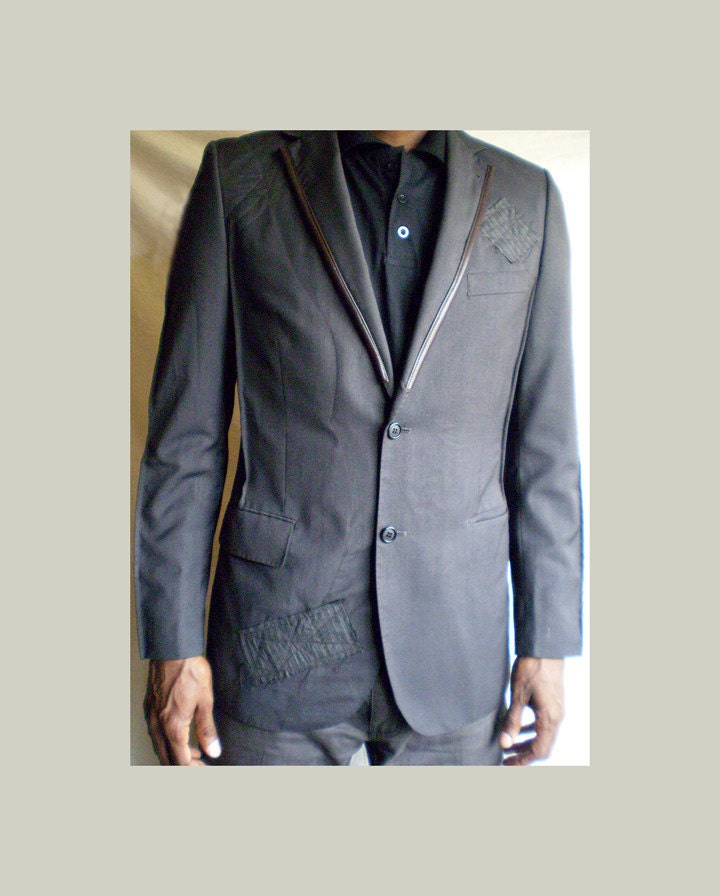 Mens grey blazer with leather / Jacket /Charcoal / all sizes