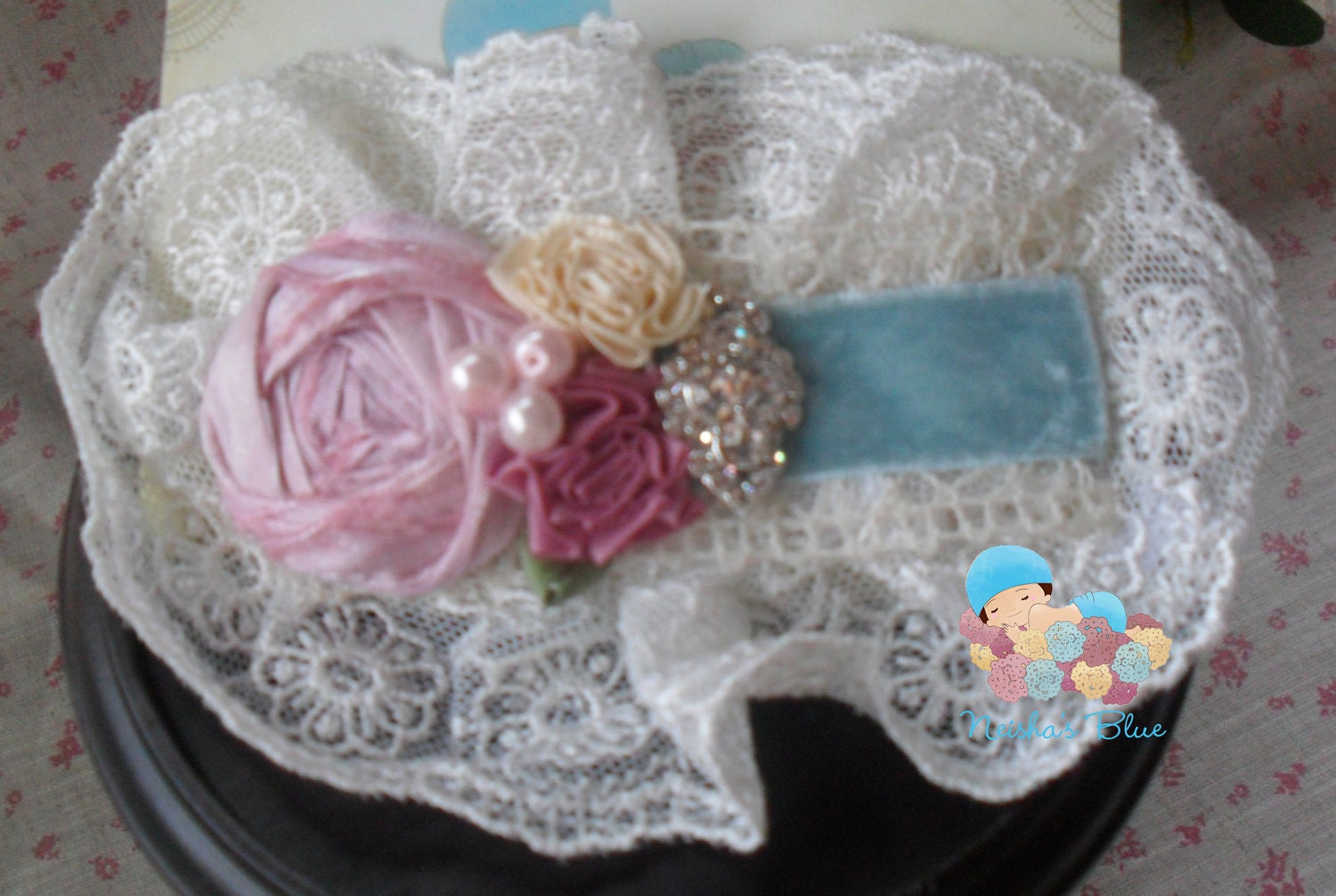 Baby Girl  Flower Headbands, Shabby Chic, Pink and Blue Headband, Shabby Chic Baby Flower Headbands
