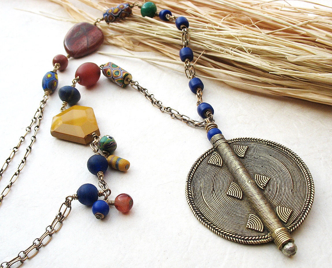 Long Tribal Chain Necklace, African Brass Pendant Necklace, Millefiori Trade Beads in Rust Saffron Blue Green, Ethnic Necklace