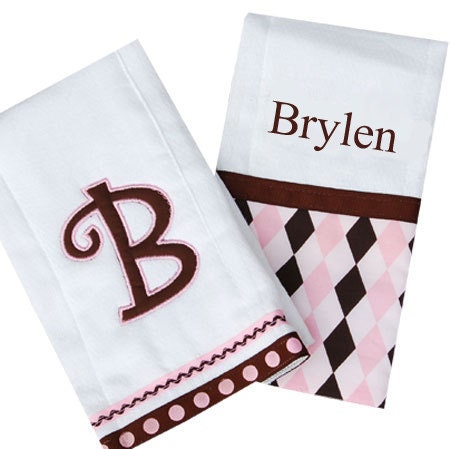 Monogrammed Burp Cloth Set Chocolate and Pink