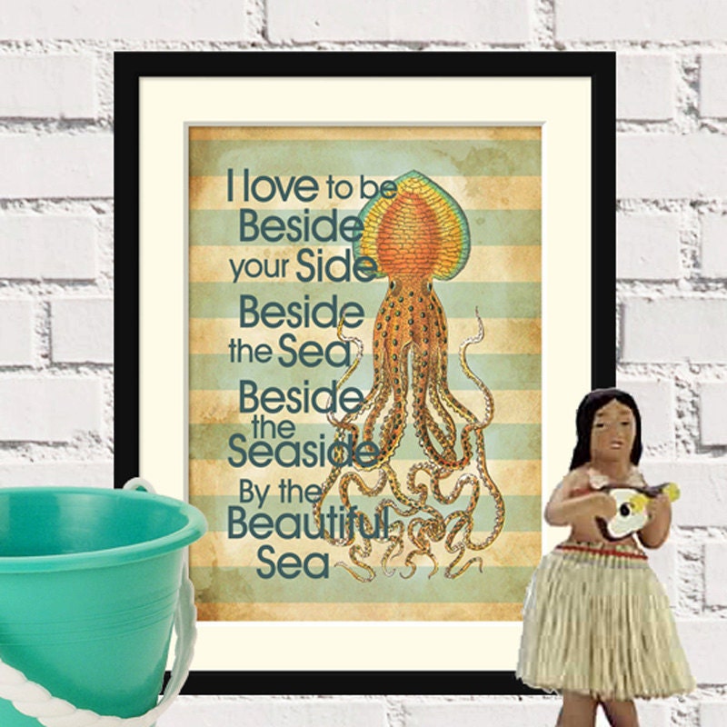 By The Sea, 5x7 digital print, summer, sea, squid, beach home decor, typography