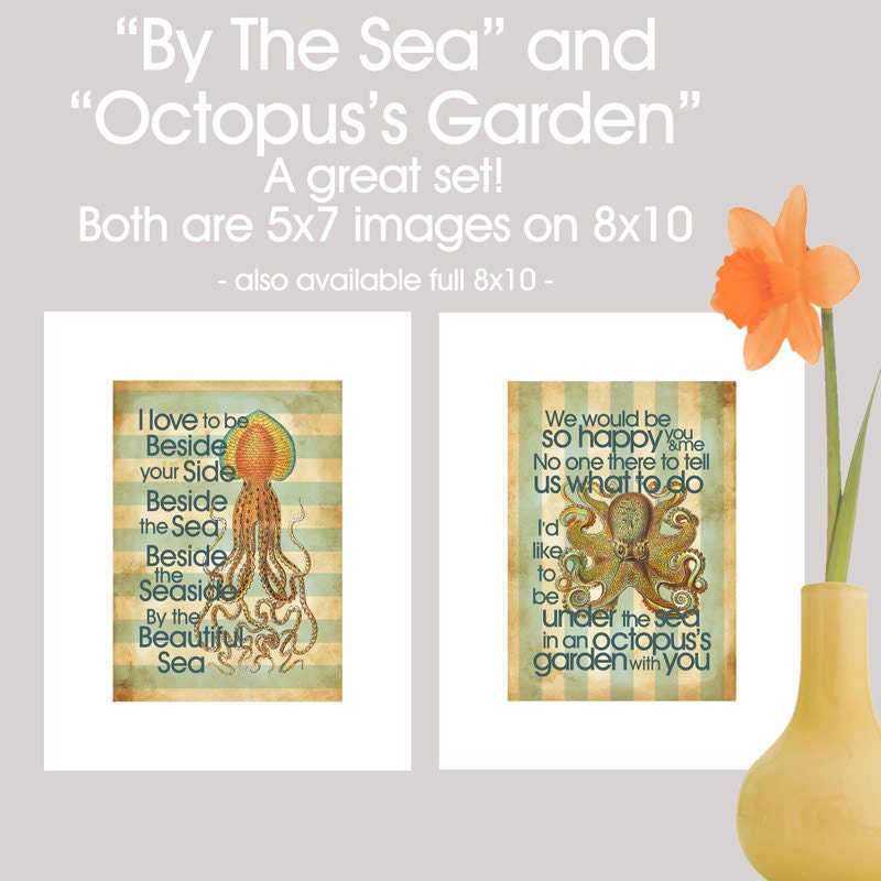 By The Sea, 5x7 digital print, summer, sea, squid, beach home decor, typography