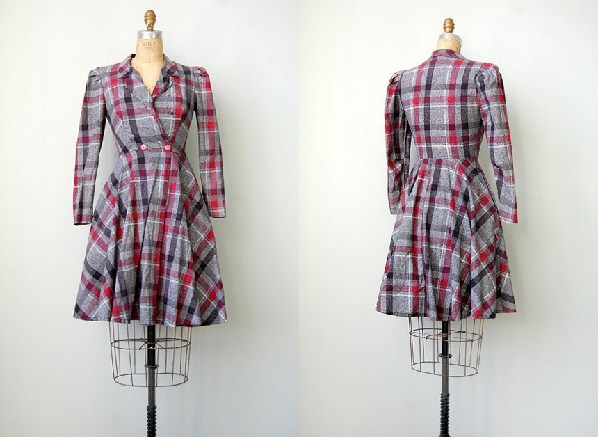 vintage 1980s dress / vintage 80s plaid dress / 1940s inspired wrap dress