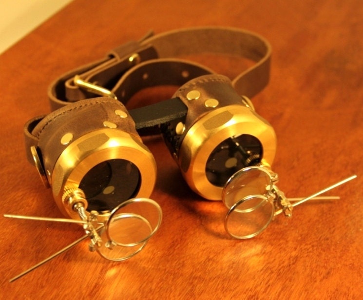Steampunk Goggles brown leather and brass with magnifiers on both sides