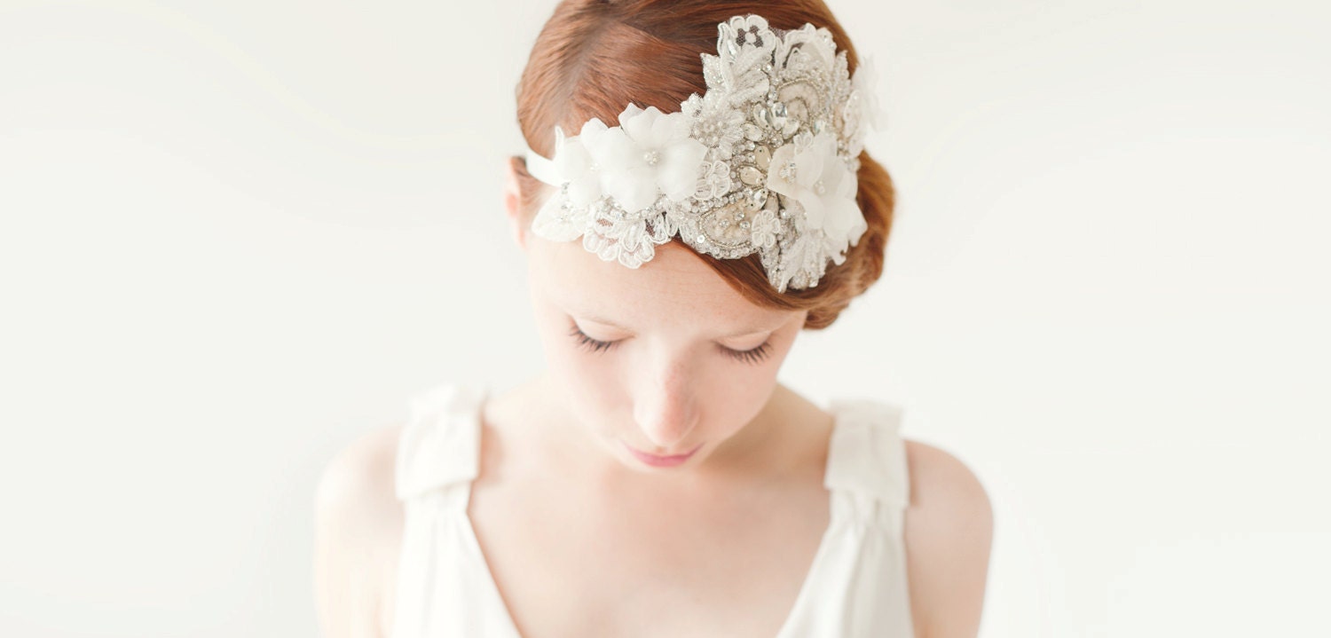 Bridal Fascinator, Head Piece, Rhinestone Hair Piece, Wedding Hair Accessory, ivory, silver, velvet - Heart Whispers