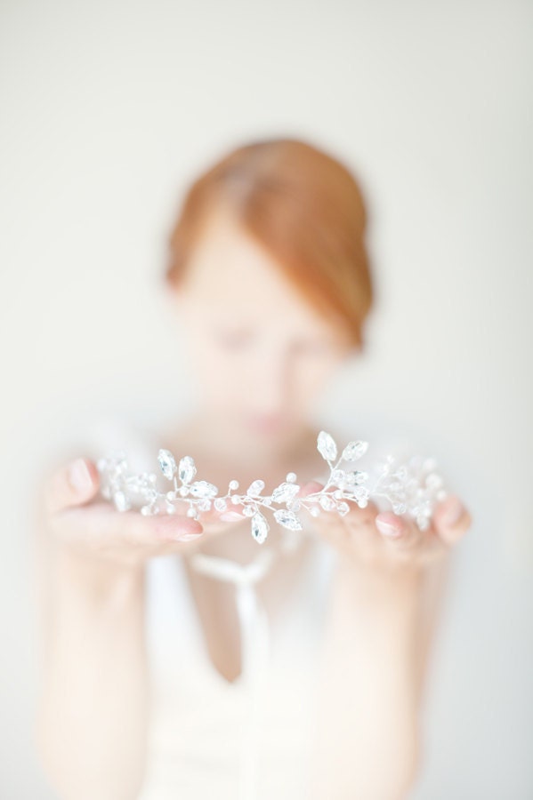 Wedding, Floral Bridal Crown, Headband, Crystal Tiara, Wedding Hair Accessory, ivory, silver- Breathless