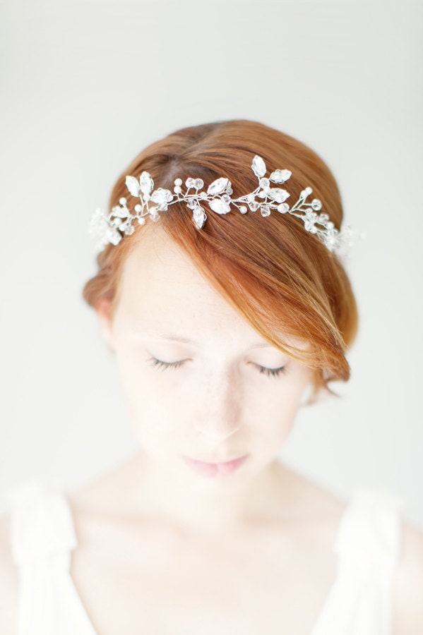 Wedding, Floral Bridal Crown, Headband, Crystal Tiara, Wedding Hair Accessory, ivory, silver- Breathless