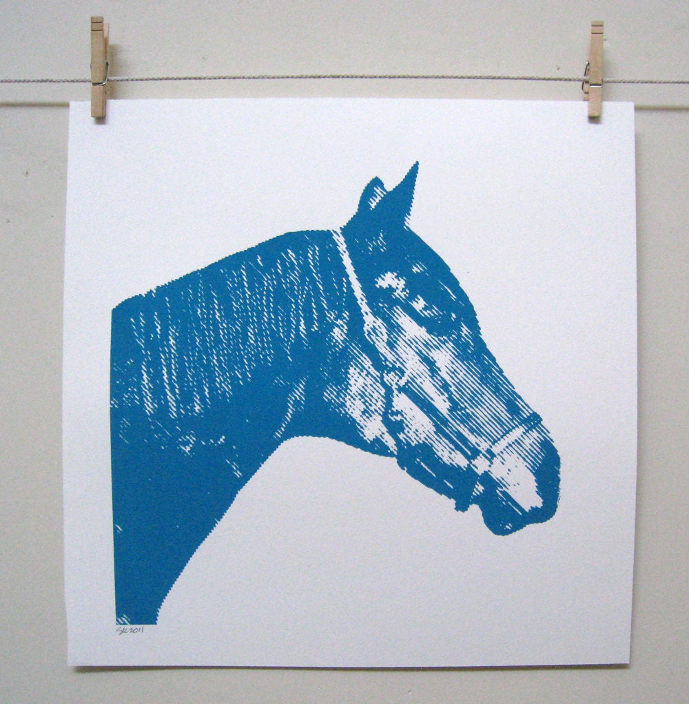 Horse Art  in Turquoise 15 x 15 - Hand Printed