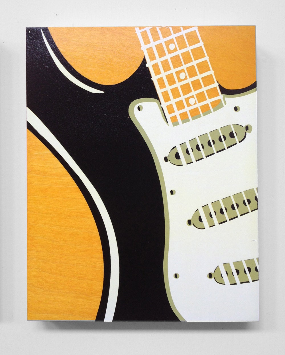Fender Guitar Art - Hand Printed on sunshine yellow colored Stained Wood