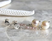 White Diamonds, Raw (Rough) Pink Diamonds, Cultured Pearls, and Sterling Silver Earrings - Couture - Ready to Ship