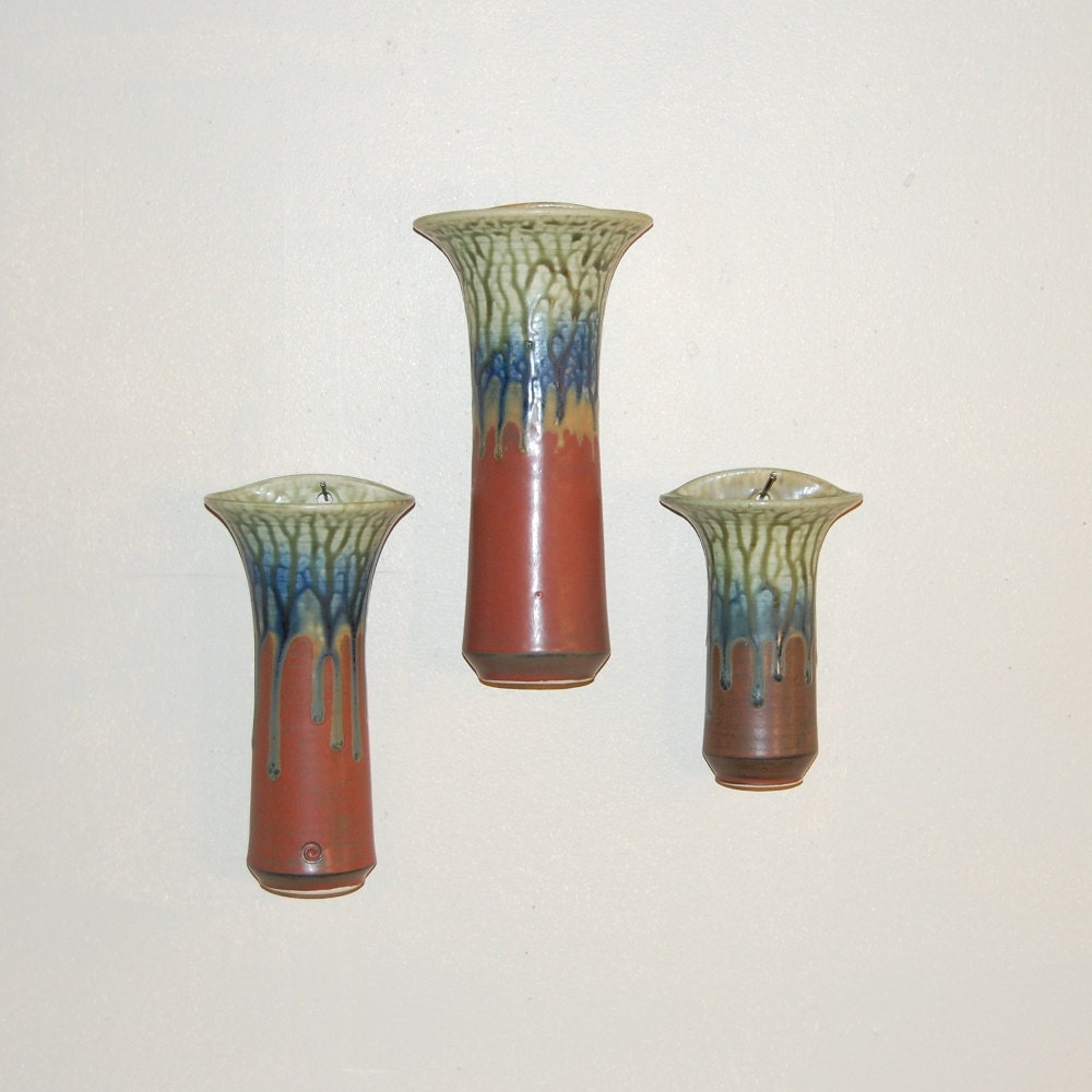 Wall Pocket Flower  Medium Vase Pottery Porcelain Wheel thrown Cinnamon Brown Blue Fern by Mark Hudak