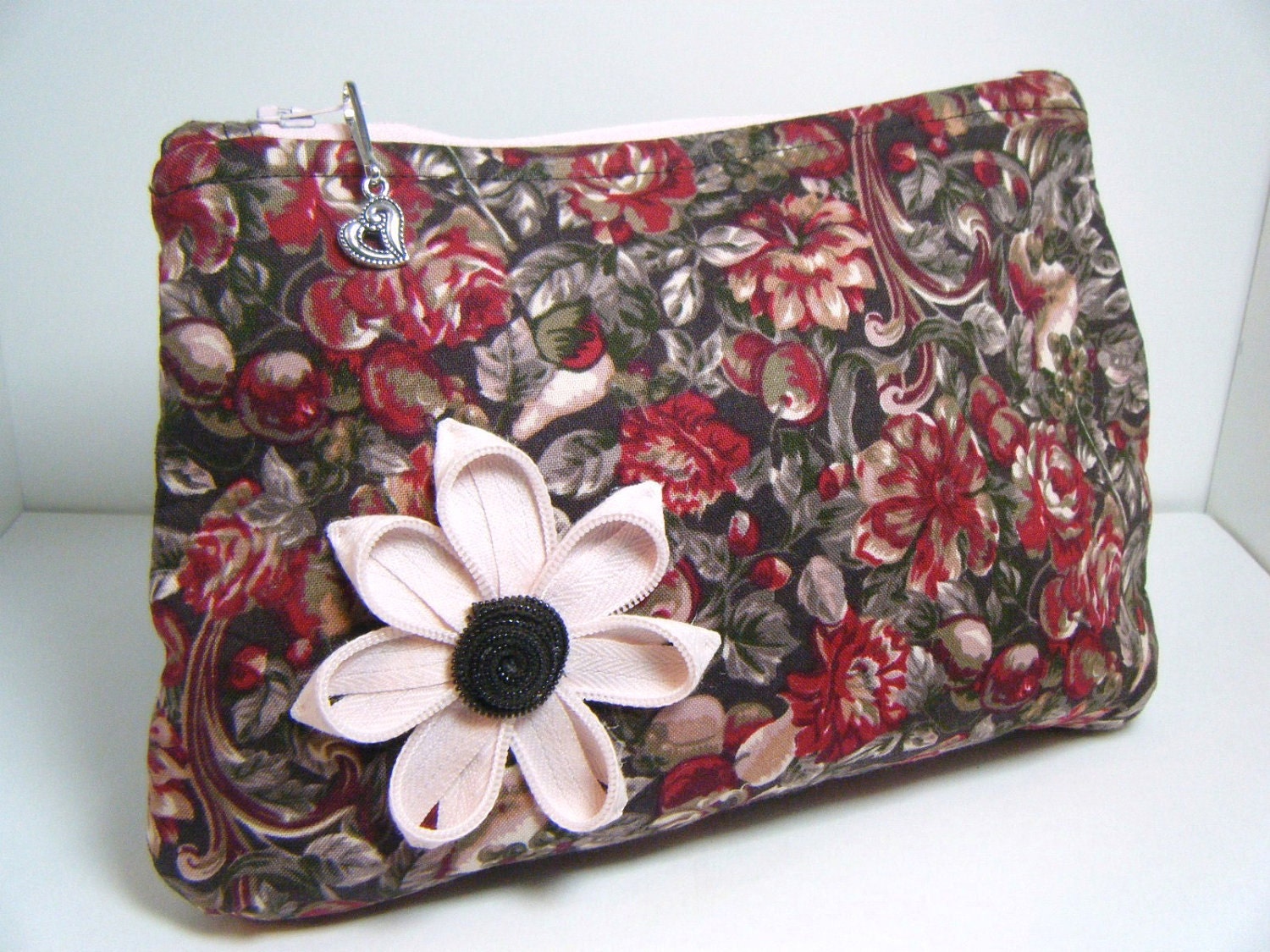 SALE HALF OFF Pink Makeup Cosmetic Organizer Zipper Flowered Bag