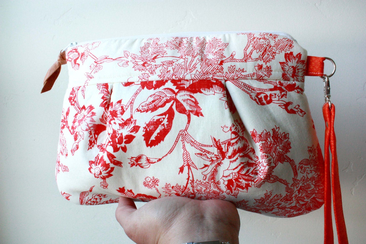Save 10% w/ promo code--Kitt Wristlet/ Pouch/ Makeup Bag in Coral Red/Natural Toile Print--Ready to Ship--