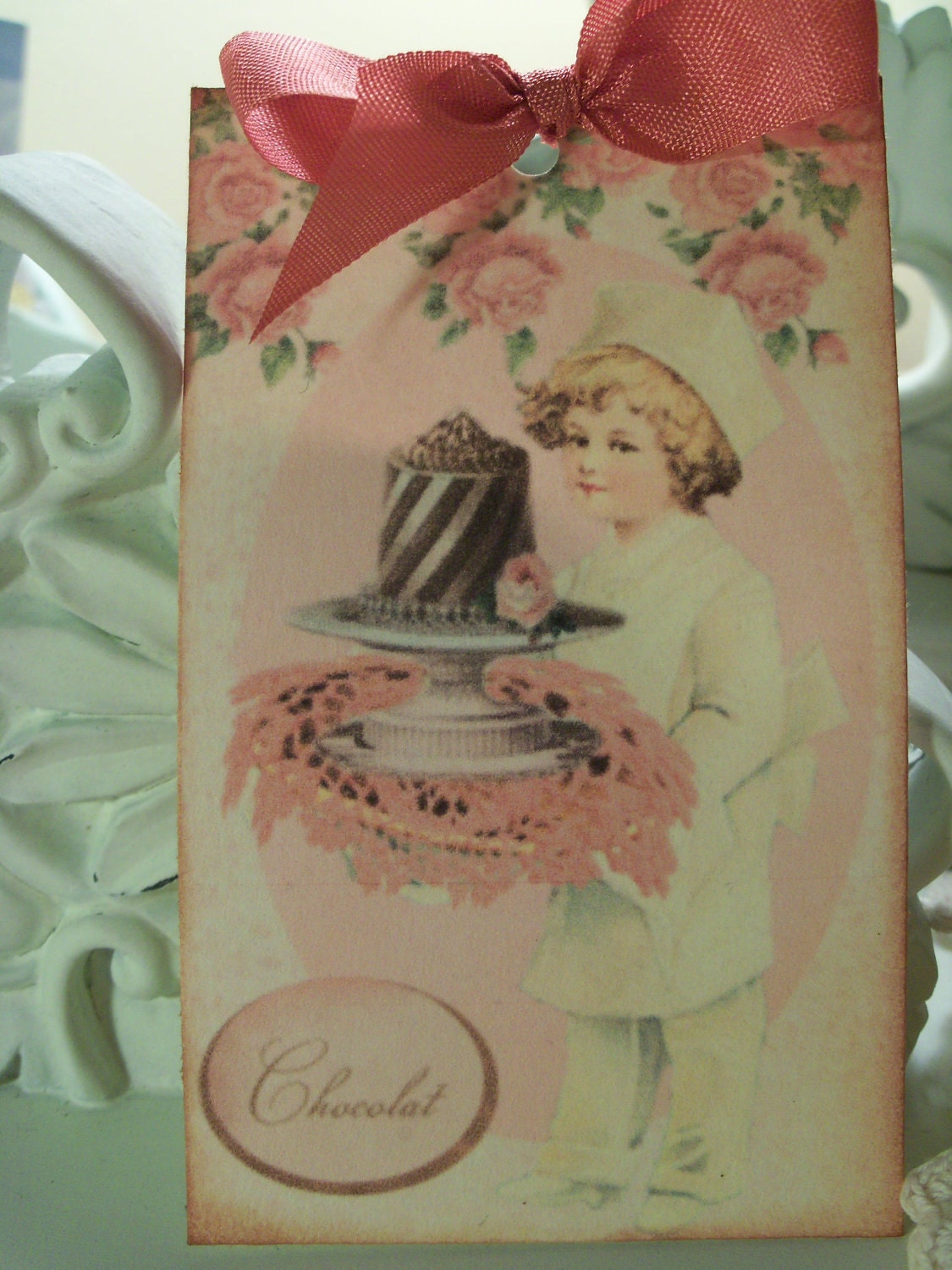 Chocolate Cake Birthday Gift Tags  Chocolate Pink Roses  Chocolat Bon Bon  Chef Favor Tags..........Set of 4ECS