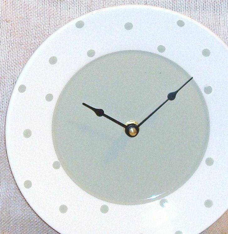 ON SALE - Pale Sage Polka Dot Plate Clock No 611 (8 inches)