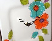Wall Clock - Teal Orange and Yellow Floral Ceramic Plate Wall Clock No. 767 (10-1/2 inches)