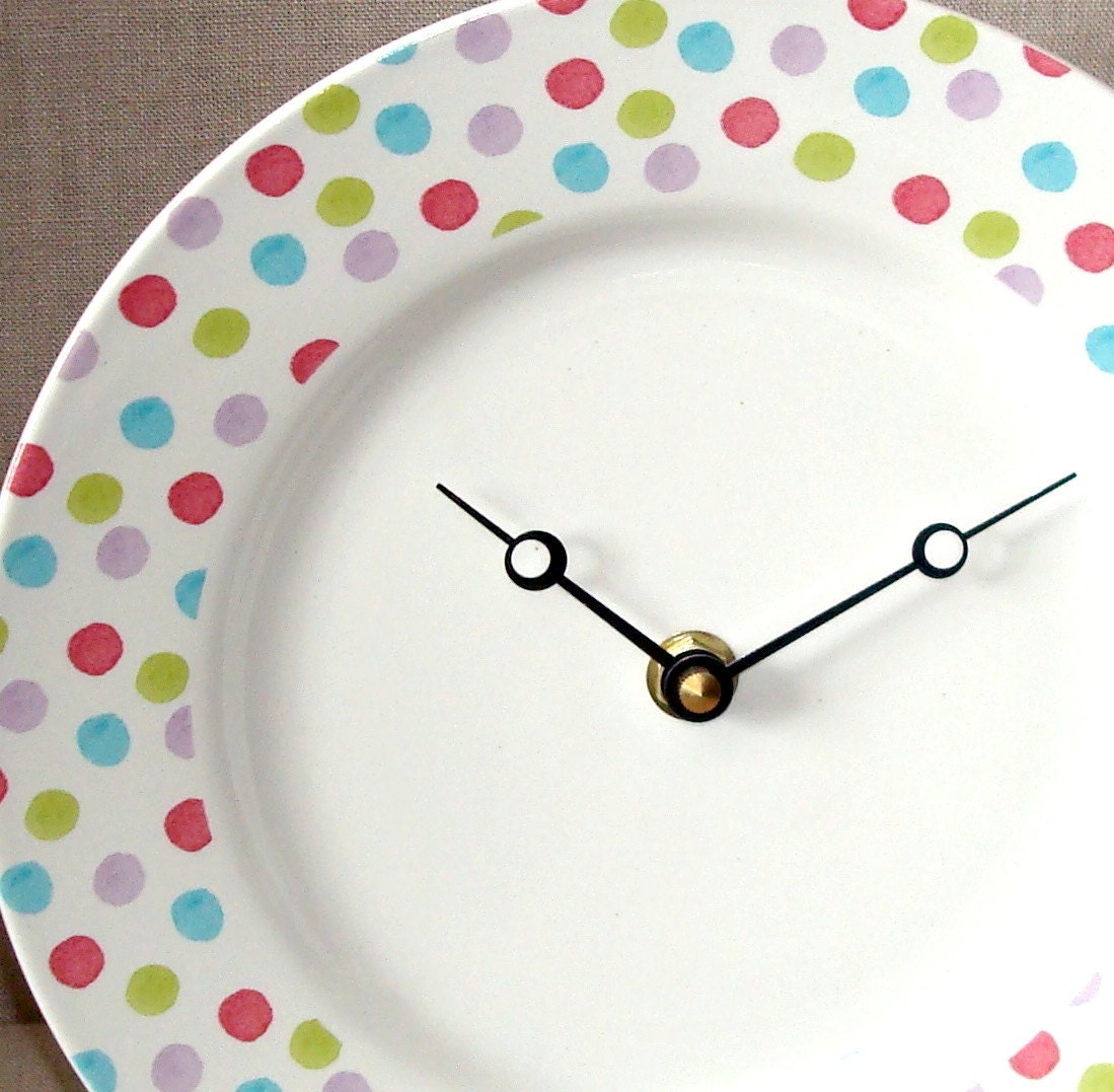 ON SALE - Pastel Polka Dot Porcelain Plate Wall Clock No. 779 (8-1/4 inches)