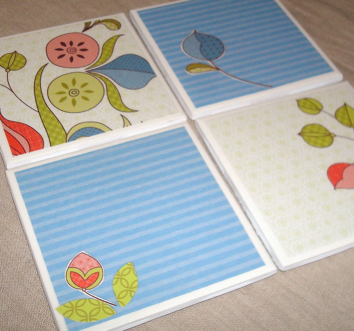 4x4 Tile Coasters No. 015 - Whimsical Floral and Blue Stripes