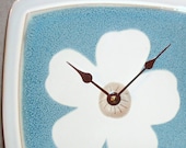 wall clock - White Flower on Blue Stoneware Plate Wall Clock (8 inches) No. 789