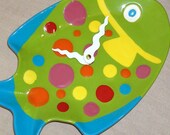 ON SALE - Wall Clock - Lime Green and Multi Funky Fish Ceramic Plate Wall Clock (10 x 6-1/2 inches) No. 1012