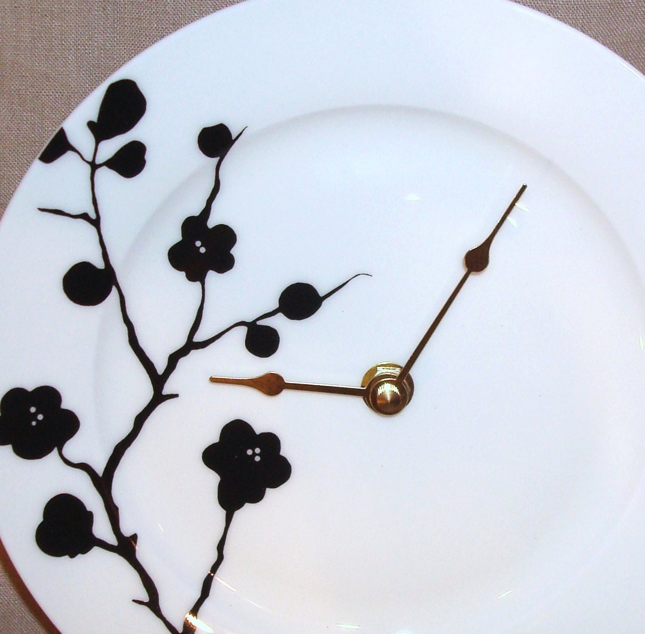ON SALE - Wall Clock - Black and White Floral Branch Porcelain Plate Wall Clock No. 861 (8-1/4 inches)