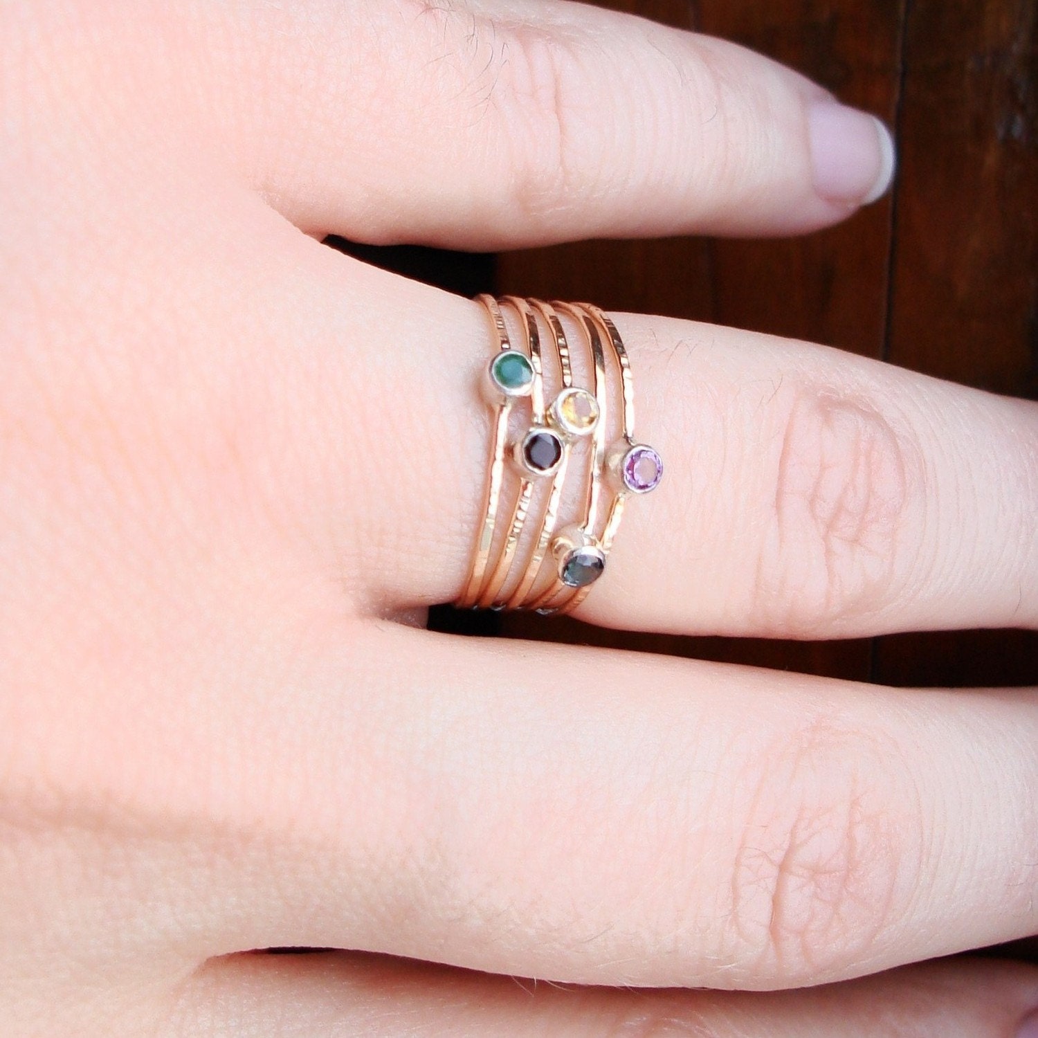 Choose Stones for Five Threads of Gold and Silver - Tiny Stack Rings with Sterling Silver Set Faceted Stones - Delicate Jewelry