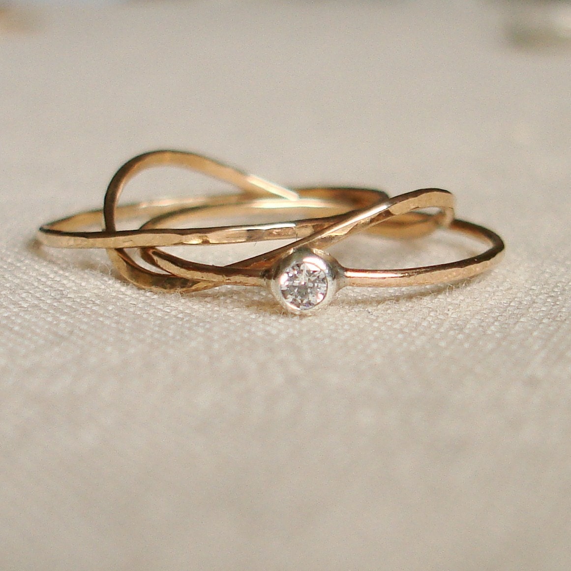 Choose Stone - Three Threads of Gold - Tiny Stack Rings - One with a Silver Set Faceted Stone - Delicate Jewelry
