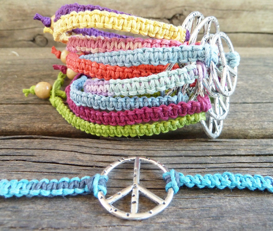 Peace Sign Bracelet, Eco Friendly, Hemp, Made To Order,   Peace Charm,  Hemp Jewellery,  Bracelets, Macrame Bracelet