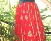 South Indian Maxi Skirt - RED - Long skirt, Gypsy Skirt, Hippie, crinkle, peasant skirt, organic, Bohemian, Sequin, Peacock Print