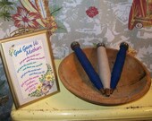 Antique Wood Bowl Butter Dough 3 Wooden Bobbin Spools Mother Plaque Gathering Bowl Primitive