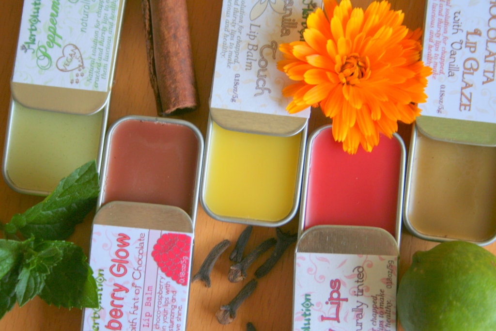 5 lip balm set Chocolate Petals, Peppermint Kiss, Raspberry Chocolate, Shiny Lips, Vanilla great eco-gift