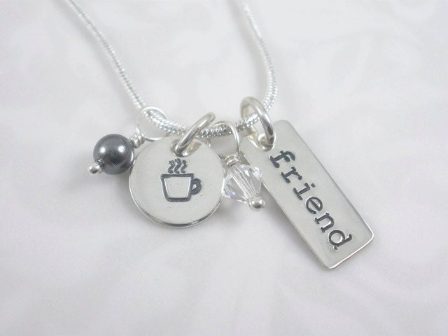 Hand Stamped Friend necklace with coffee cup charm